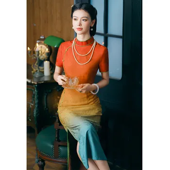 Улучшенные китайские платья, женские сексуальные Ципао Градиентного цвета, Традиционный Ципао с воротником-стойкой, Женские Элегантные длинные платья