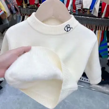 Утепленный свитер для мальчиков, имитация флиса норки, плюшевая вязка 2023, осенне-зимний пуловер для девочек, Корейская Детская толстовка