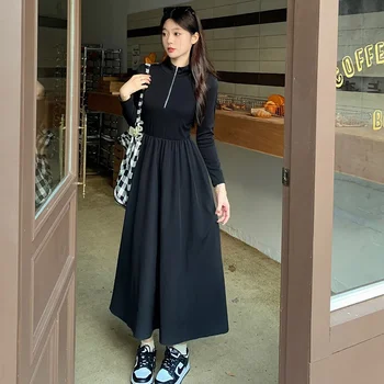 Французские черные однотонные платья Макси с длинным рукавом, женское трикотажное платье на молнии с длинными рукавами, женская модная уличная одежда, Элегантная длинная юбка