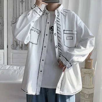 Хип-хоп Мужская уличная одежда Рубашка Оверсайз Harajuku Свободная блузка Рубашка С длинным рукавом Одежда с принтом Топы Черная / белая мужская рубашка