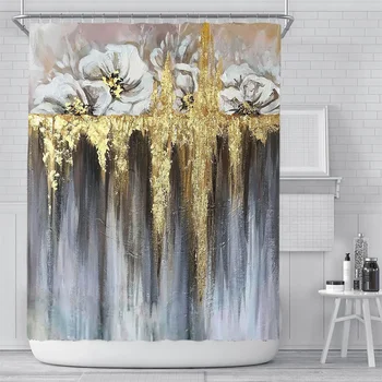 Художественная роспись в скандинавском стиле, Золотая занавеска для душа, Водонепроницаемая занавеска для ванны, занавеска для ванной с геометрическим трафаретным принтом и цветочным принтом.