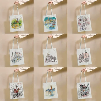 Цветные городские художественные узоры, Многоразовая хозяйственная сумка, холщовые сумки-тоут, Эко-сумка с принтом, сумки через плечо для покупателей