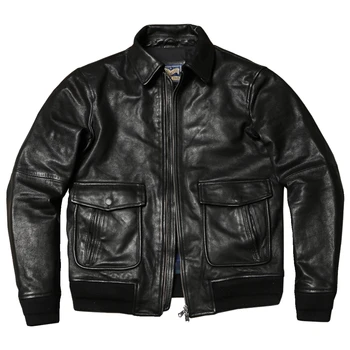 Черная осенняя кожаная куртка пилота Мужская в стиле милитари Плюс размер 5XL Натуральная овчина A2 Авиационное пальто из натуральной кожи