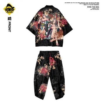 Черный костюм-двойка, японский кардиган оверсайз, Женская Мужская одежда для косплея, юката, модные комплекты кимоно + брюки в стиле харадзюку