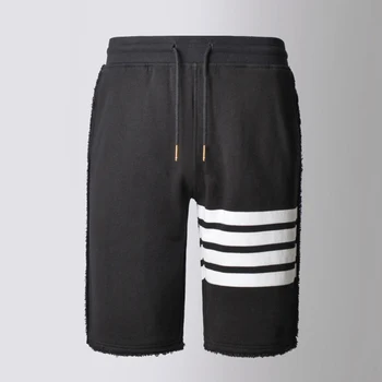 Шорты Мужские женские Летние штаны в полоску с 4 полосками Люксовый бренд, 100% хлопок, спортивные штаны для бега трусцой в Корейском стиле, высококачественные короткие штаны