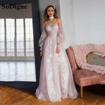 Элегантные выпускные платья SoDigne из розового тюля с открытыми плечами, длинными рукавами, вечерние платья с 3D цветами, платье для свадебной вечеринки