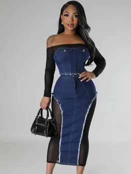 Элегантные сетчатые комплекты джинсовых платьев в стиле пэчворк, женский комплект одежды из 2 предметов, клубная одежда, укороченный топ с вырезом лодочкой и длинная юбка в тон, шикарные комплекты