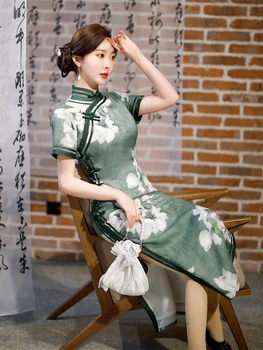 Элегантный летний Длинный зеленый Чонсам для подиума, банкета, винтажной моды, Ципао, вечернее платье в традиционном китайском стиле для женщин