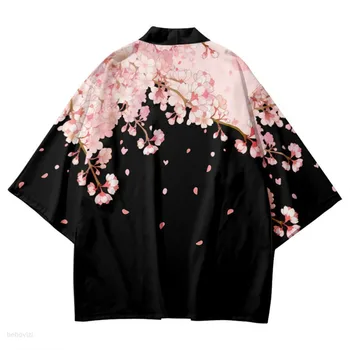 Юката с цветочным принтом Сакуры для мужчин и женщин, модный кардиган, блузка, Хаори, Оби, азиатская одежда, японское кимоно для косплея в стиле Харадзюку