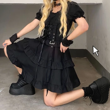 Япония Харадзюку Готический Стиль Лолиты Темный С Пышными Рукавами Бандаж На Талии С Оборками Пышное Платье в стиле Лолиты Loli Vestidos Y2k Dress Anime Girl