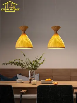 Японский винтажный минималистичный Ресторанный подвесной светильник LED E27, деревянный шпон, Подвесная лампа ручной работы, обеденный журнальный столик Для проживания в семье