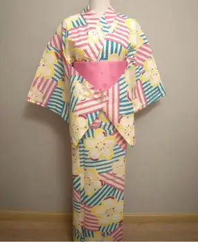 Японский женский летний халат Komono розового кроя с поясом Yukata Young 160 см