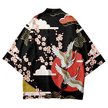 Японское Кимоно Традиционная одежда Кимоно с принтом журавля Уличная рубашка Женская Рубашка-кардиган Samurai Haori Hombre Yukata