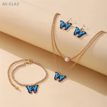 1 комплект Модного ожерелья с бабочкой, Ювелирный набор, Серьги-бабочки, ожерелье, браслет, Набор для женщин, подарок на Годовщину