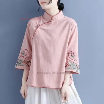 2024 традиционная китайская винтажная блузка ципао с национальной цветочной вышивкой хлопчатобумажная льняная блузка в восточном стиле ретро ципао топы дзен рубашка