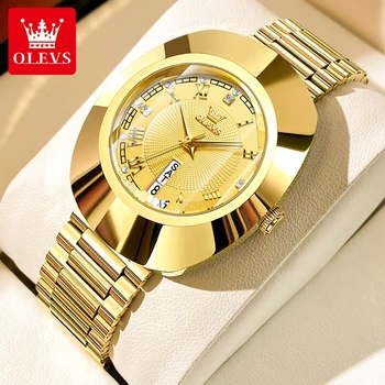Женские кварцевые часы OLEVS роскошного бренда с золотым корпусом из вольфрамовой стали, водонепроницаемыми двумя календарями, модные элегантные женские наручные часы