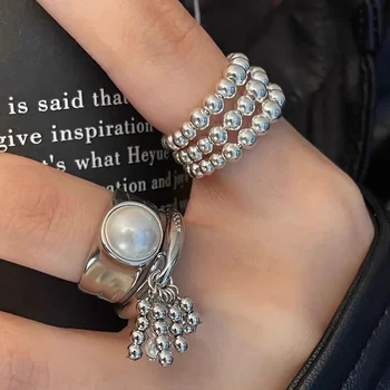 Кольца с геометрическим жемчугом из стерлингового серебра 925 пробы для женщин, простая Корейская модная подвеска, Регулируемое кольцо ручной работы, подарки