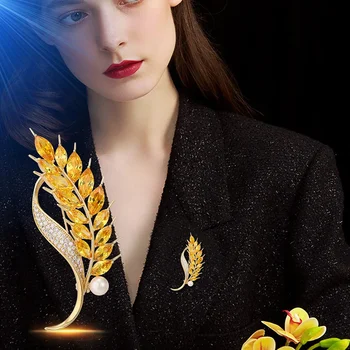 Осенняя брошь из желтого хрустального пшеничного колоса, булавки для женщин, модные Роскошные металлические украшения из жемчуга, подарки для свадебной вечеринки, Аксессуары для пальто