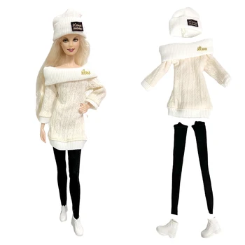Официальный комплект NK 1: Элегантное белое вязаное платье для куклы + шляпка + чулки + маленькие белые туфельки для аксессуаров для кукольного домика Барби