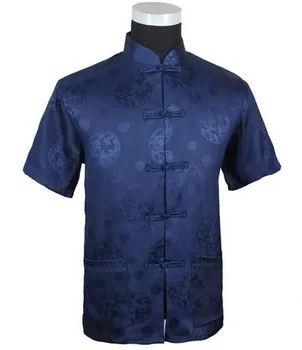 Темно-синяя традиционная китайская одежда, мужская шелковая атласная рубашка кунг-фу, топы с драконом, размер S, M, L, XL, XXL, XXXL