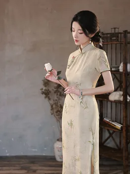 Элегантный Бамбуковый льняной длинный Чонсам Элегантное повседневное платье для банкета в Китайском традиционном стиле Qipao для женщин